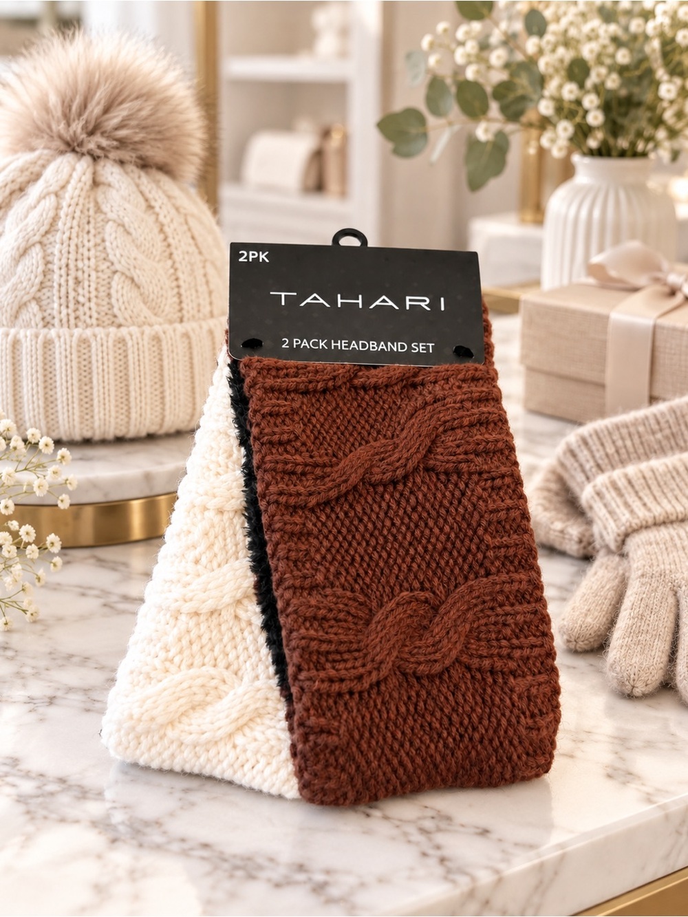 Tahari 2 Pack Cable Knit Fleece Lined Headband Ear Warmer Set NWT